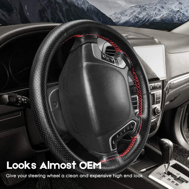 BELINOUS Universal Leather Car Steering Wheel Cover, Stitch On Wrap (Size M4, Black and Red) - Image 5